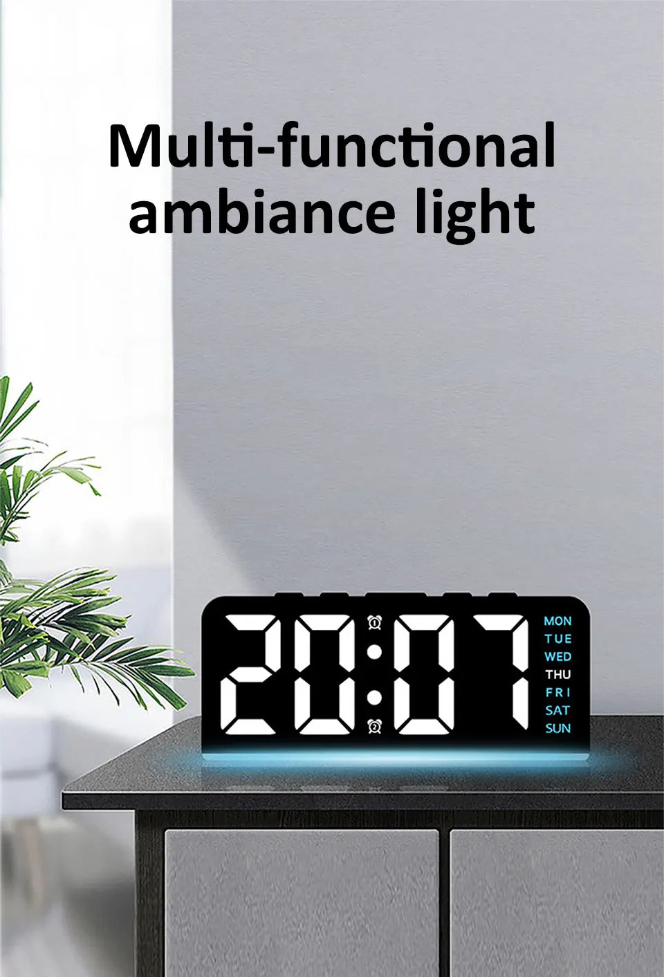Luz de ambiente LED digital mostrando la hora 20:07 sobre una superficie oscura.