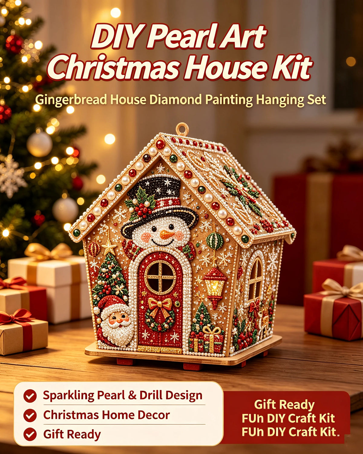 DIY Pearl Art Christmas House Kit featuring a detailed gingerbread house diamond painting set