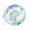 A light blue disposable party plate featuring a cute gray elephant surrounded by green and blue floral accents.