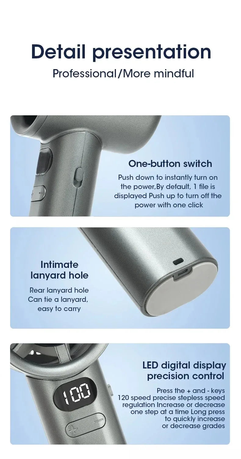 Detail presentation of an adjustable mini handheld cooling fan showing a one-button switch, a lanyard hole, and an LED digita