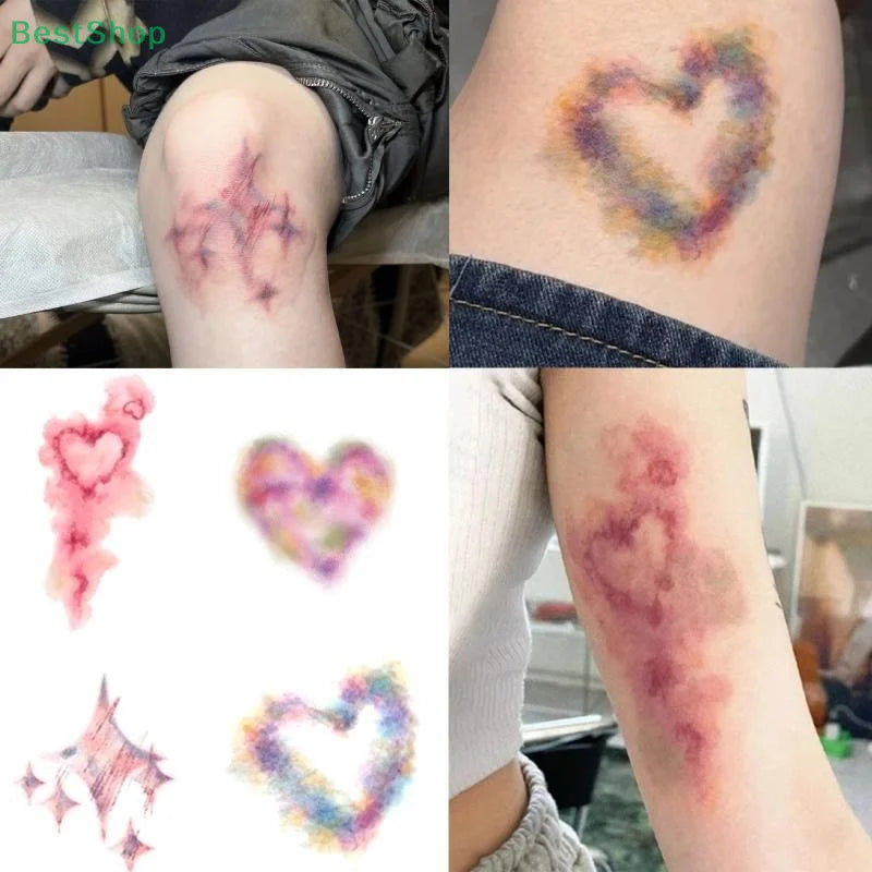 Close-up photos showing realistic purple and pink bruise temporary tattoos applied to skin.