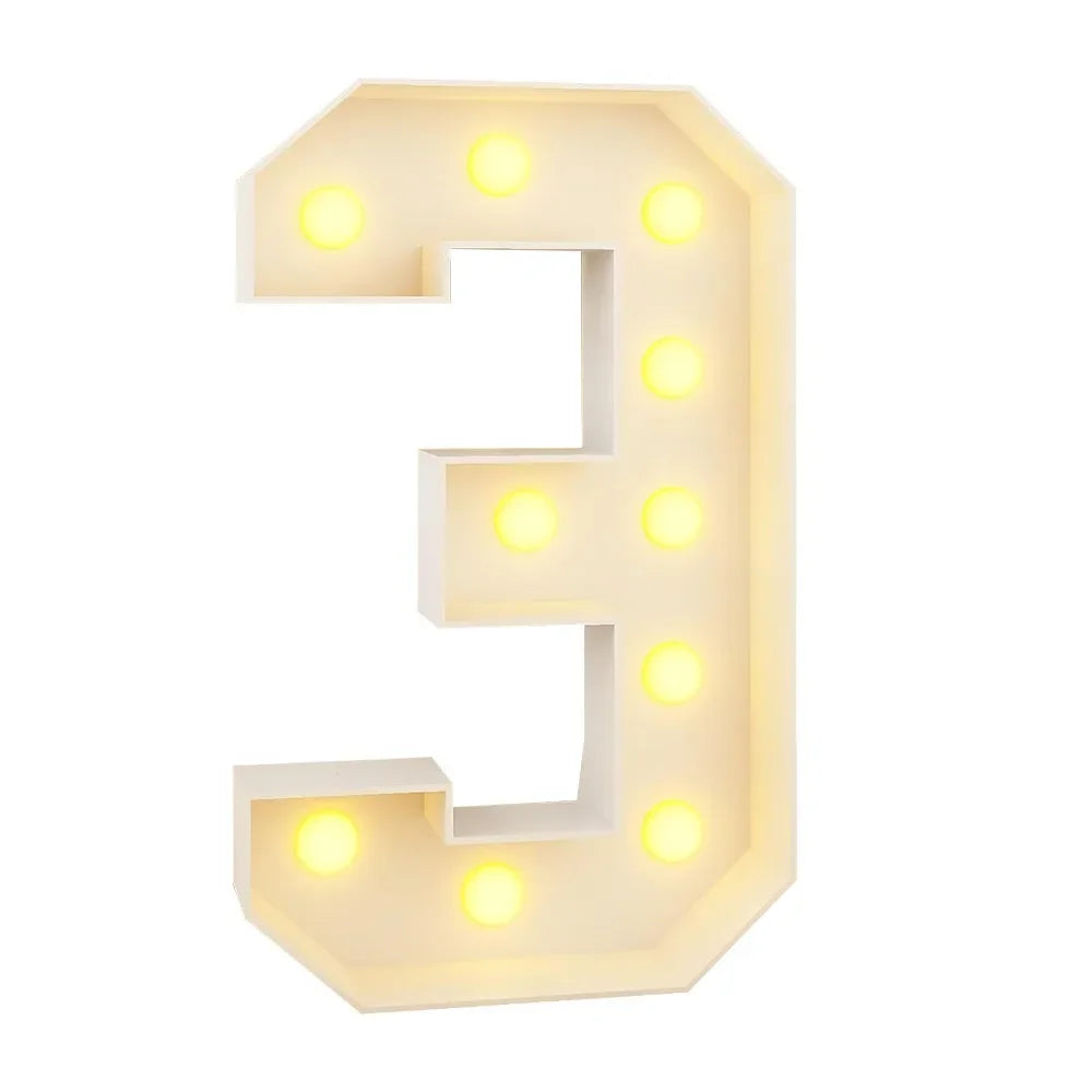 A glowing light-up number three sign with individual illuminated dots for party decorations.