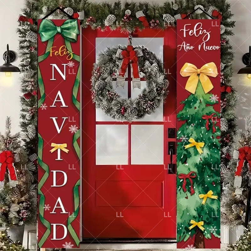 A festive red door banner decorated with holiday greetings and a wreath on a Christmas tree background.