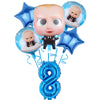 Blue star-shaped balloons and a number eight balloon with baby figures for a Baby Boss themed party