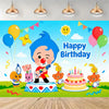 A colorful cartoon animal birthday party decoration set featuring a boy and various animals on a cake.