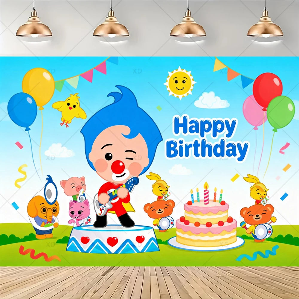 A colorful cartoon animal birthday party decoration set featuring a boy and various animals on a cake.