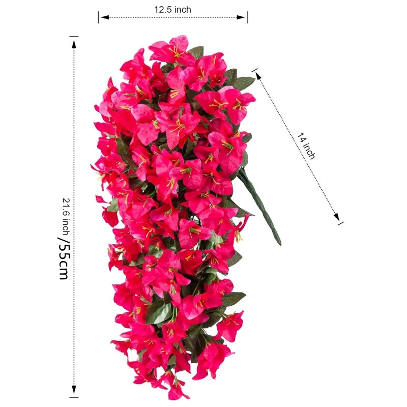 A vertical arrangement of bright pink artificial bougainvillea vine flowers used for home and wedding decor.