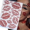 A woman applying glitter gem stick-on facial tattoos to her face and neck.