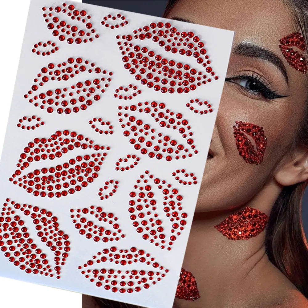 A woman applying glitter gem stick-on facial tattoos to her face and neck.
