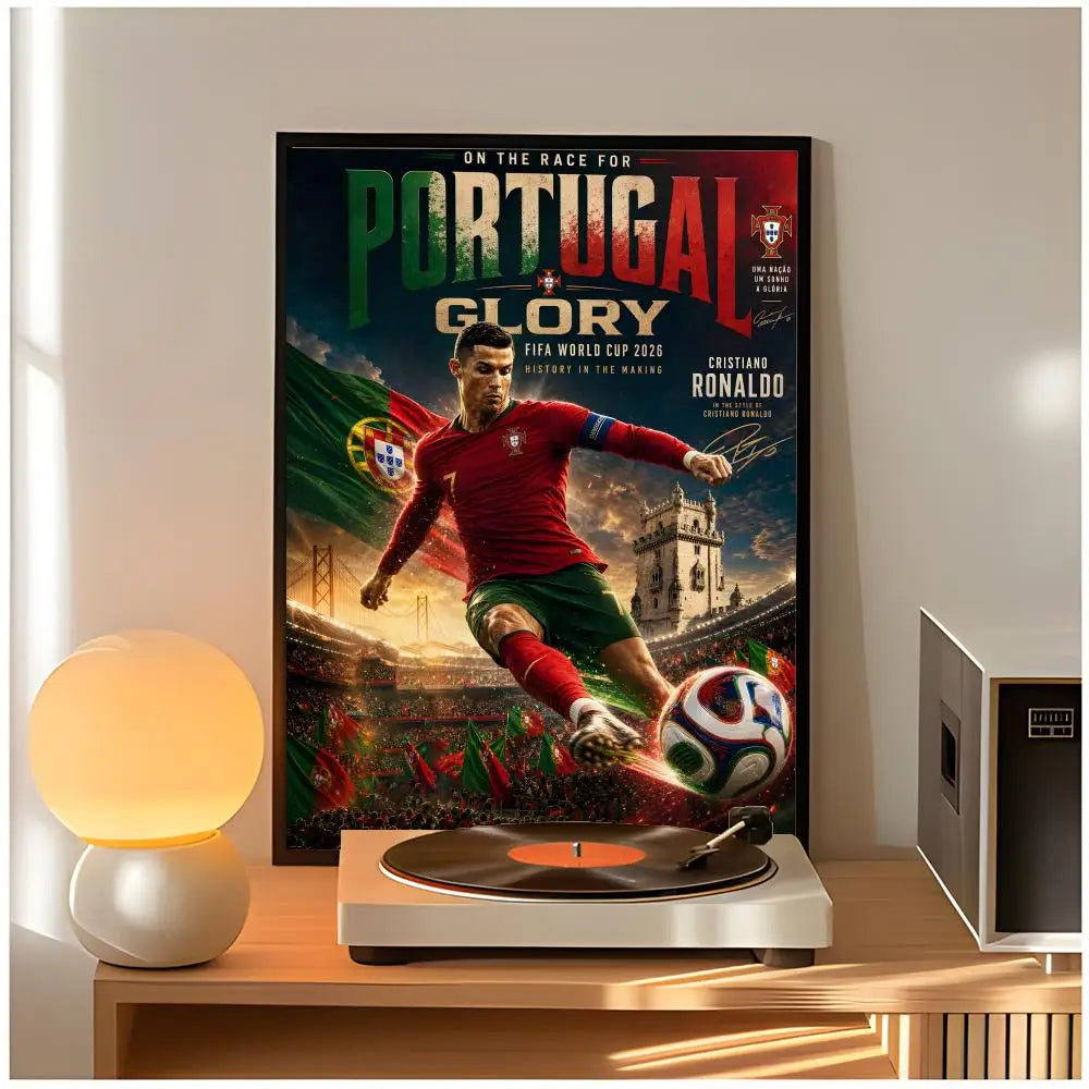 A poster featuring Cristiano Ronaldo on the race for Portugal glory, displayed on a wooden table.