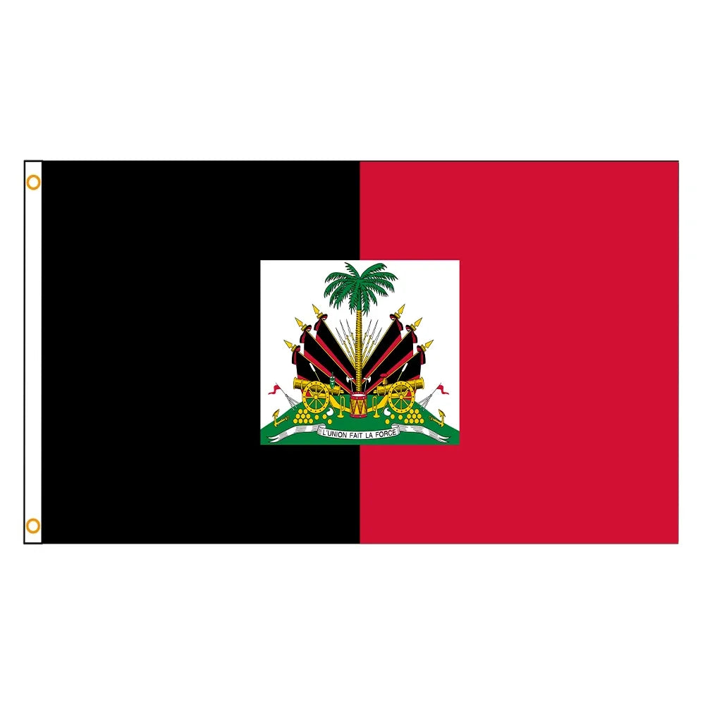 Haitian national flag featuring a black and red field with a central emblem.