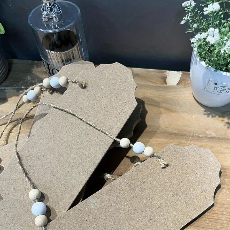 A rustic wooden door welcome sign featuring layered, irregularly shaped pieces of light brown wood with string and small blue