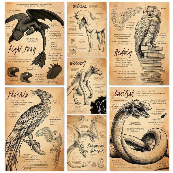 A collection of wizard fantasy canvas wall art featuring illustrations of unicorns, hedgehogs, and various dragons and owls.