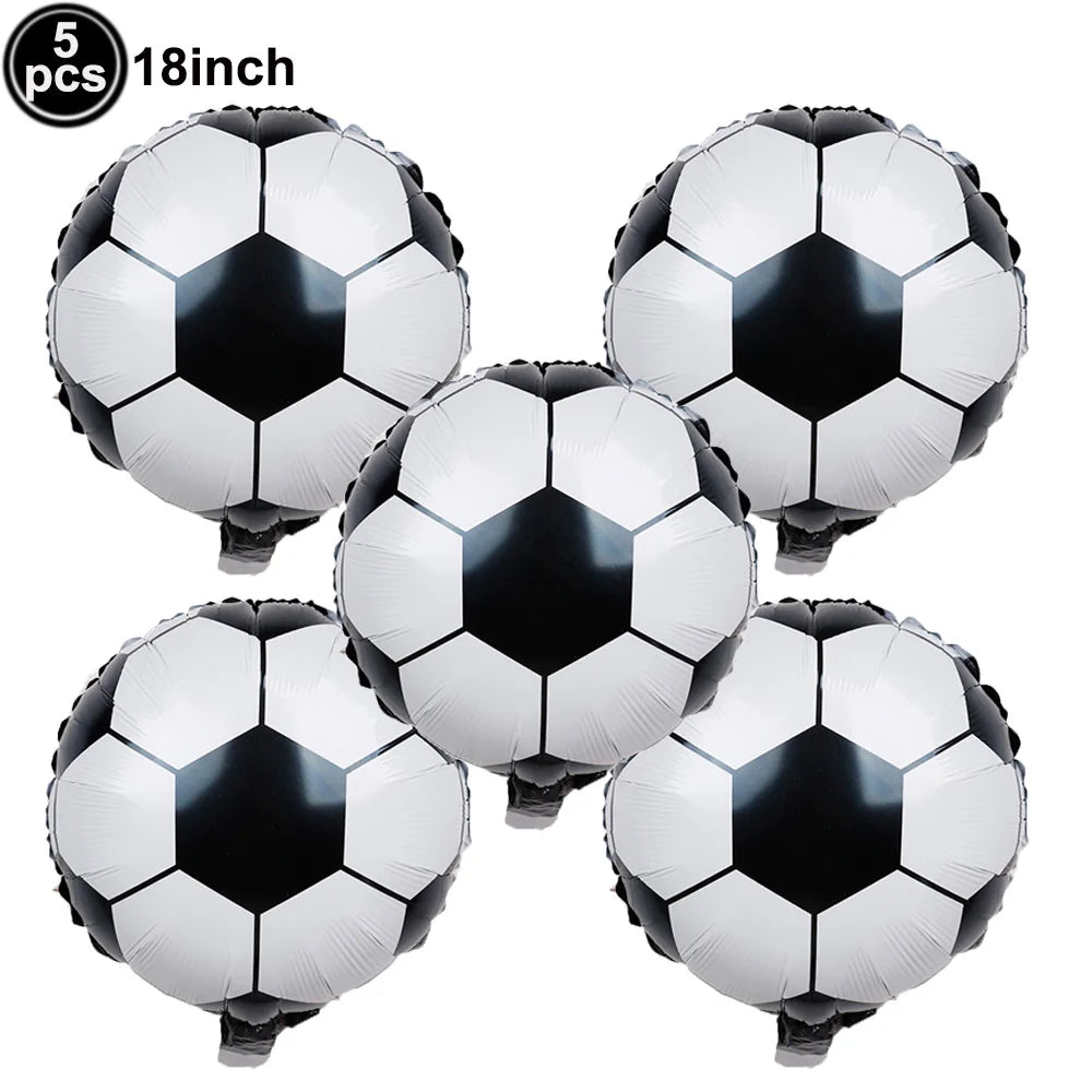 Five silver and black soccer balloons for party decoration