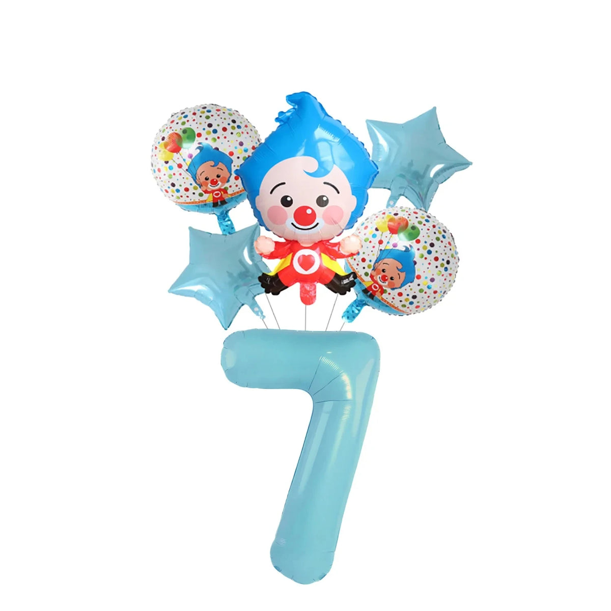 Blue and white circus theme birthday party decor set featuring balloons and a large number seven