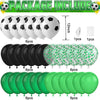 A collection of latex balloons in black, white, and green colors are displayed for sports party decor.