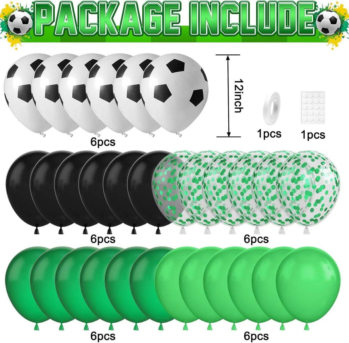 A collection of latex balloons in black, white, and green colors are displayed for sports party decor.