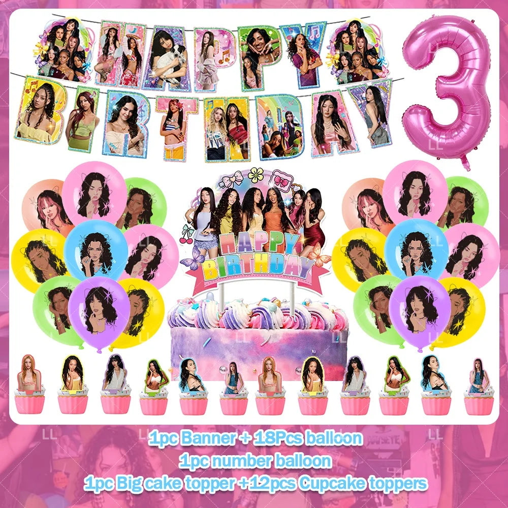 K-pop inspired birthday party decoration set featuring balloons, a backdrop, and cake toppers.