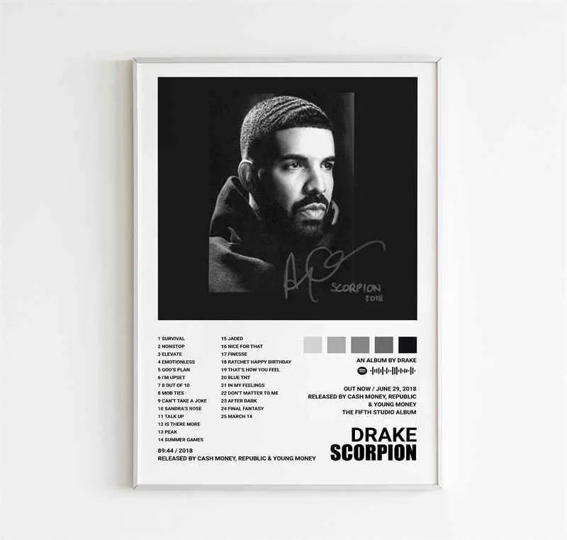 Album art poster for Drake's Scorpion album featuring a man with a beard and a cap.
