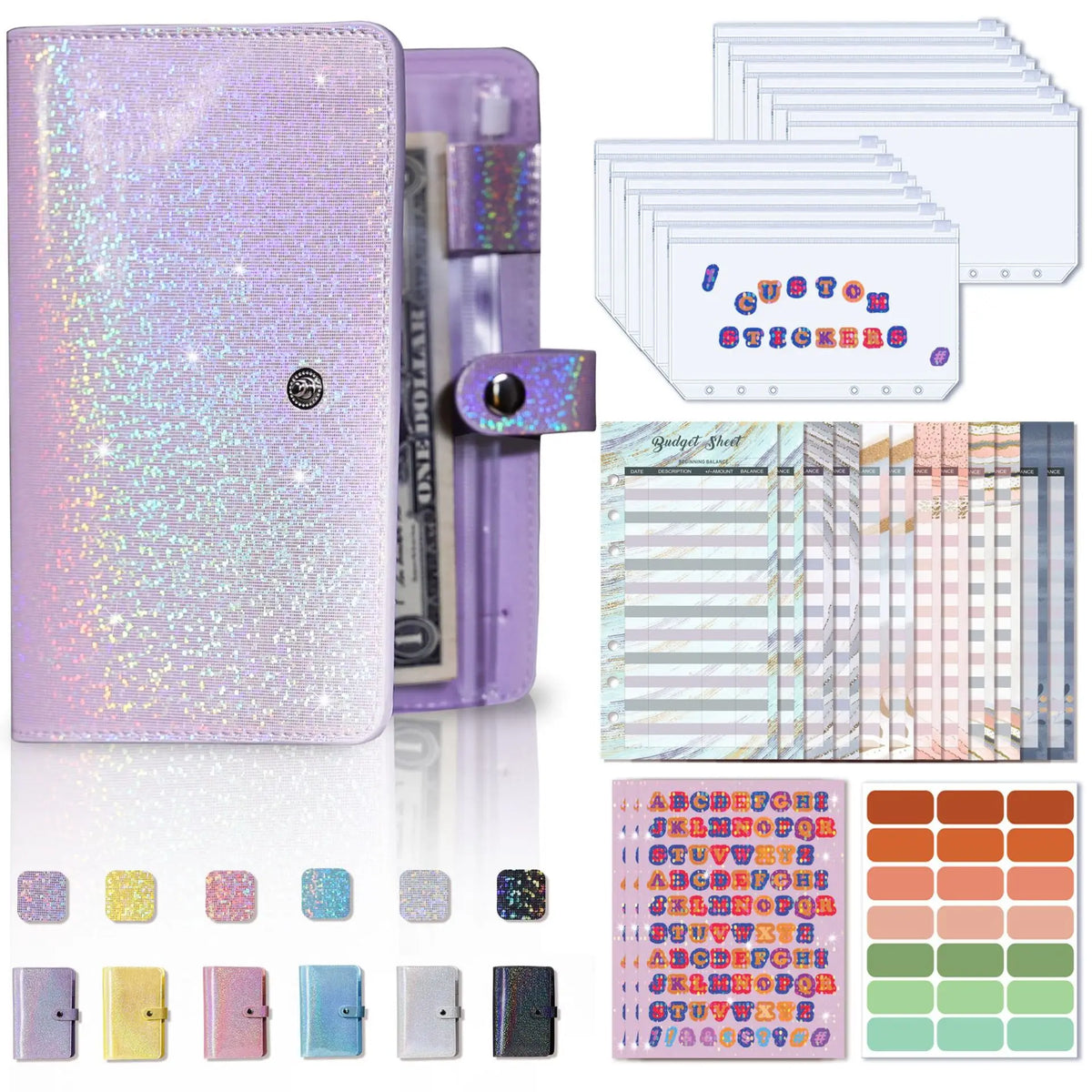 A set of purple and iridescent leather cash envelopes and a budget organizer sheets for organizing money.