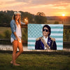 A woman with flowers and sparklers stands in front of a wooden fence, posing with a Michael Jackson flag tapestry wall art.