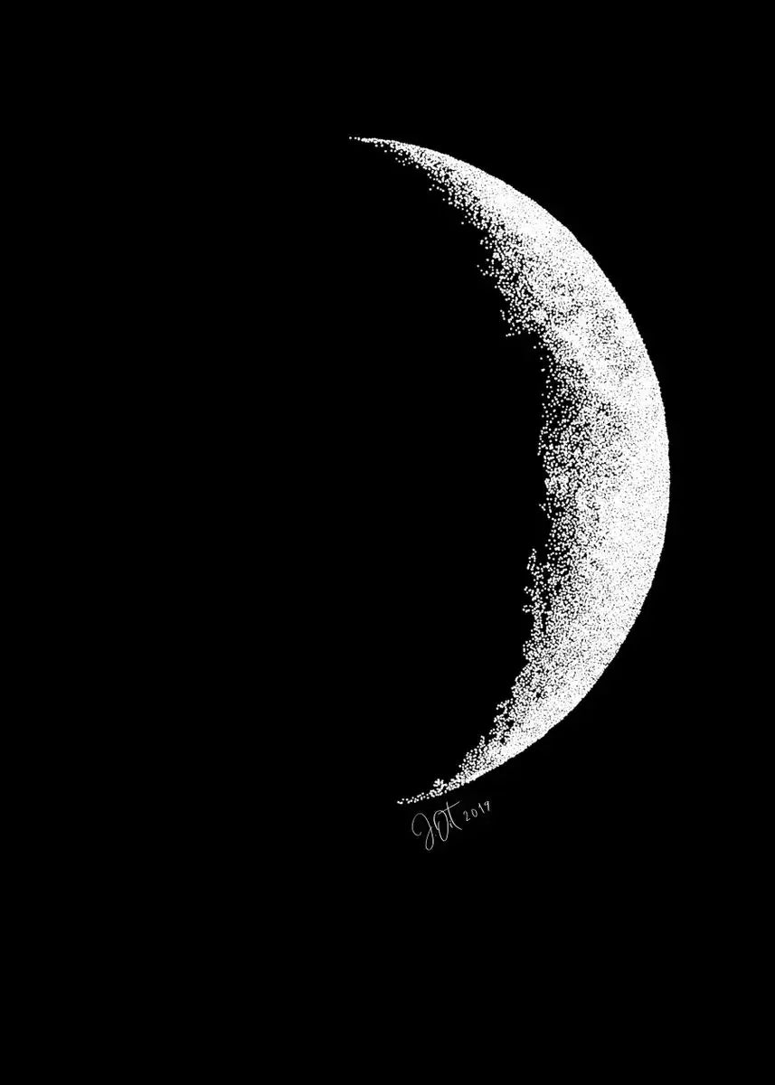 A minimalist black and white print showing a crescent moon against a black background.