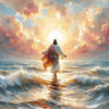 A painting depicting Jesus embracing a child, silhouetted against a bright sunset over the ocean waves.