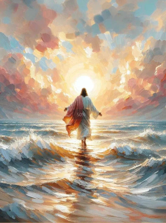 A painting depicting Jesus embracing a child, silhouetted against a bright sunset over the ocean waves.