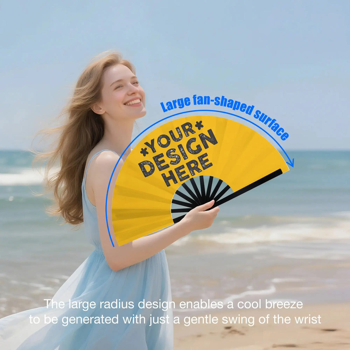 A woman holds a large fan-shaped surface with the text Your Design Here against a beach background.
