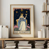 A framed poster featuring a woman crowned with gold, surrounded by stars and pink flowers, titled The Audacity.