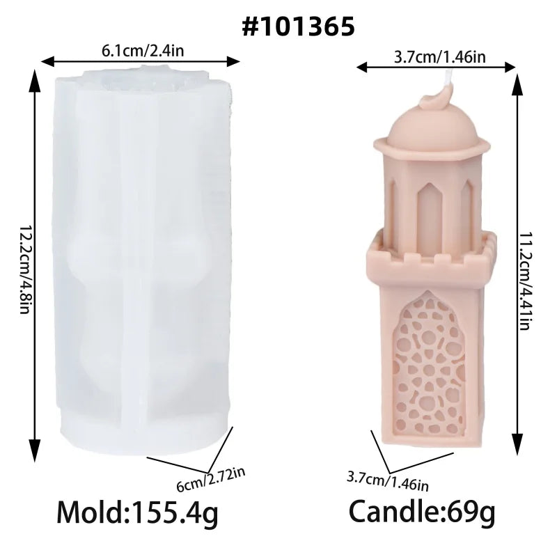 A silicone mold and candle set for making a Ramadan mosque-themed candle.