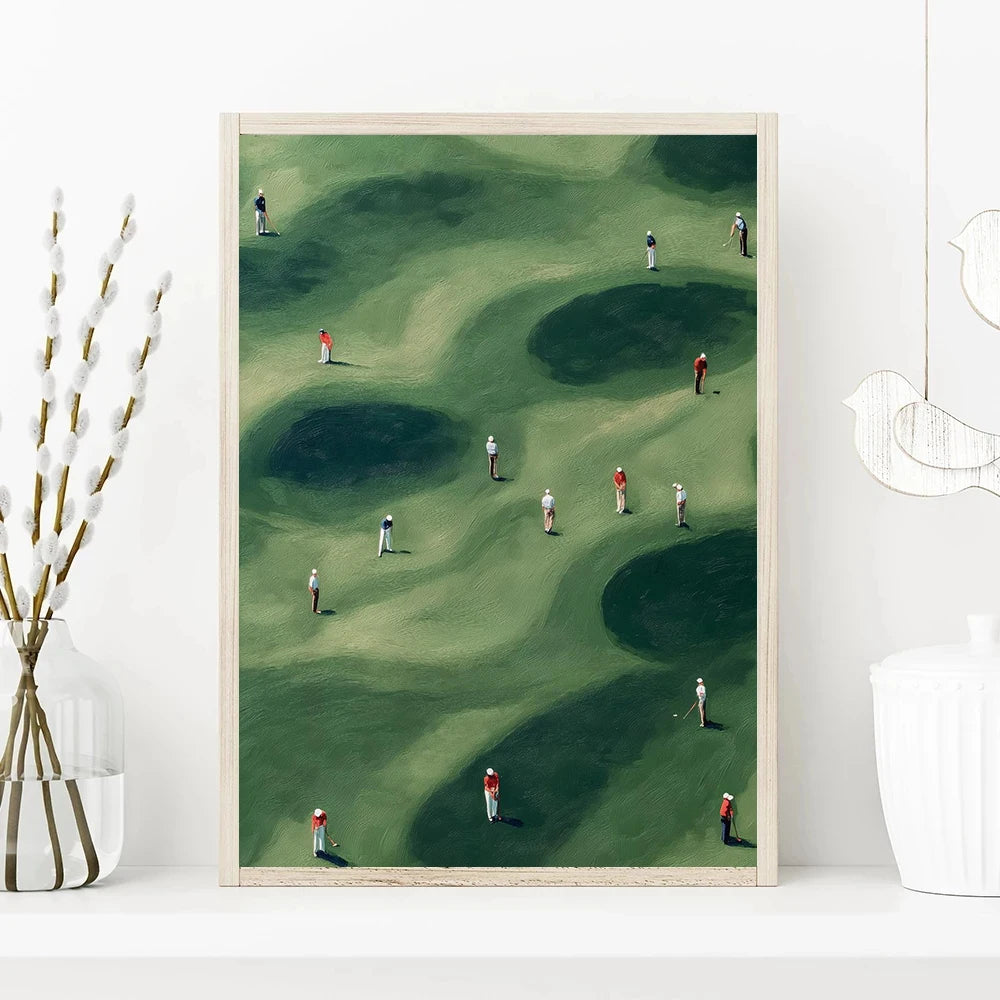 Vintage green minimalist canvas wall art depicting several golfers on a grassy golf course.