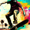 A person skateboarding is depicted in a dynamic, colorful style on a canvas wall art poster.