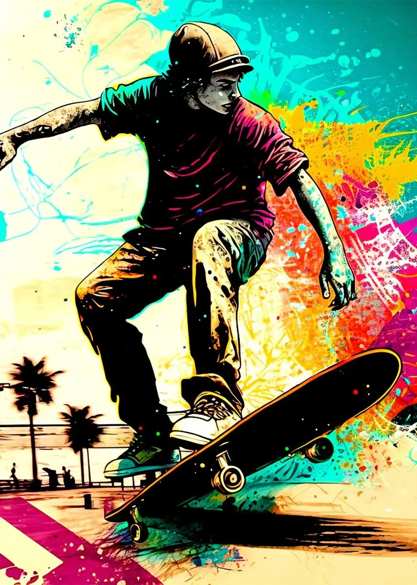 A person skateboarding is depicted in a dynamic, colorful style on a canvas wall art poster.