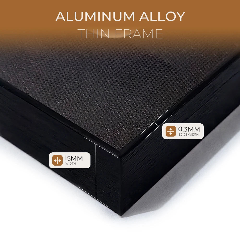 A close-up view of a black aluminum alloy thin frame for an inspirational quote canvas wall art poster.