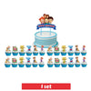 A set of Cocomelon party supplies including balloons and tableware for a birthday celebration.