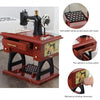 A wooden vintage sewing machine music box featuring a foot pedal and mechanical winding movement.