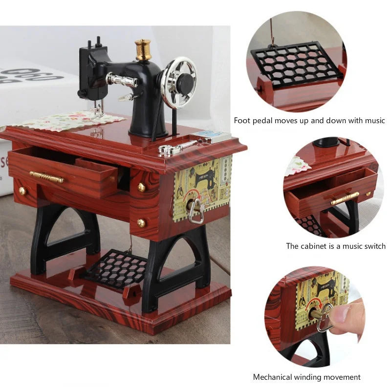 A wooden vintage sewing machine music box featuring a foot pedal and mechanical winding movement.