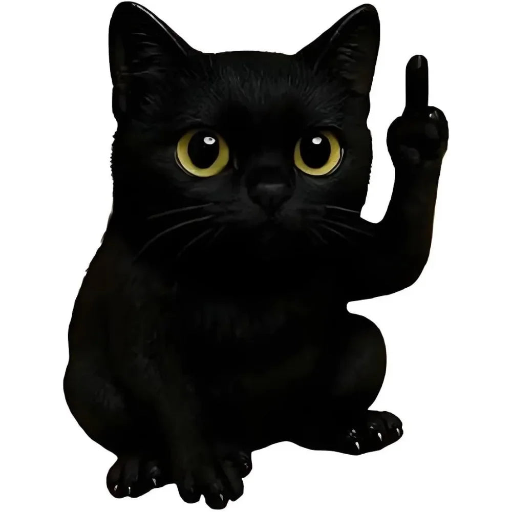 A black cat resin statue with yellow eyes is shown in a sitting pose.