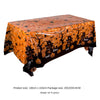 Orange Halloween tablecloth featuring a pattern of pumpkins, spider webs, and bats.