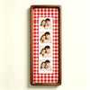 A wooden photo strip frame with a red and white checkered background displaying four portrait photos of a couple.