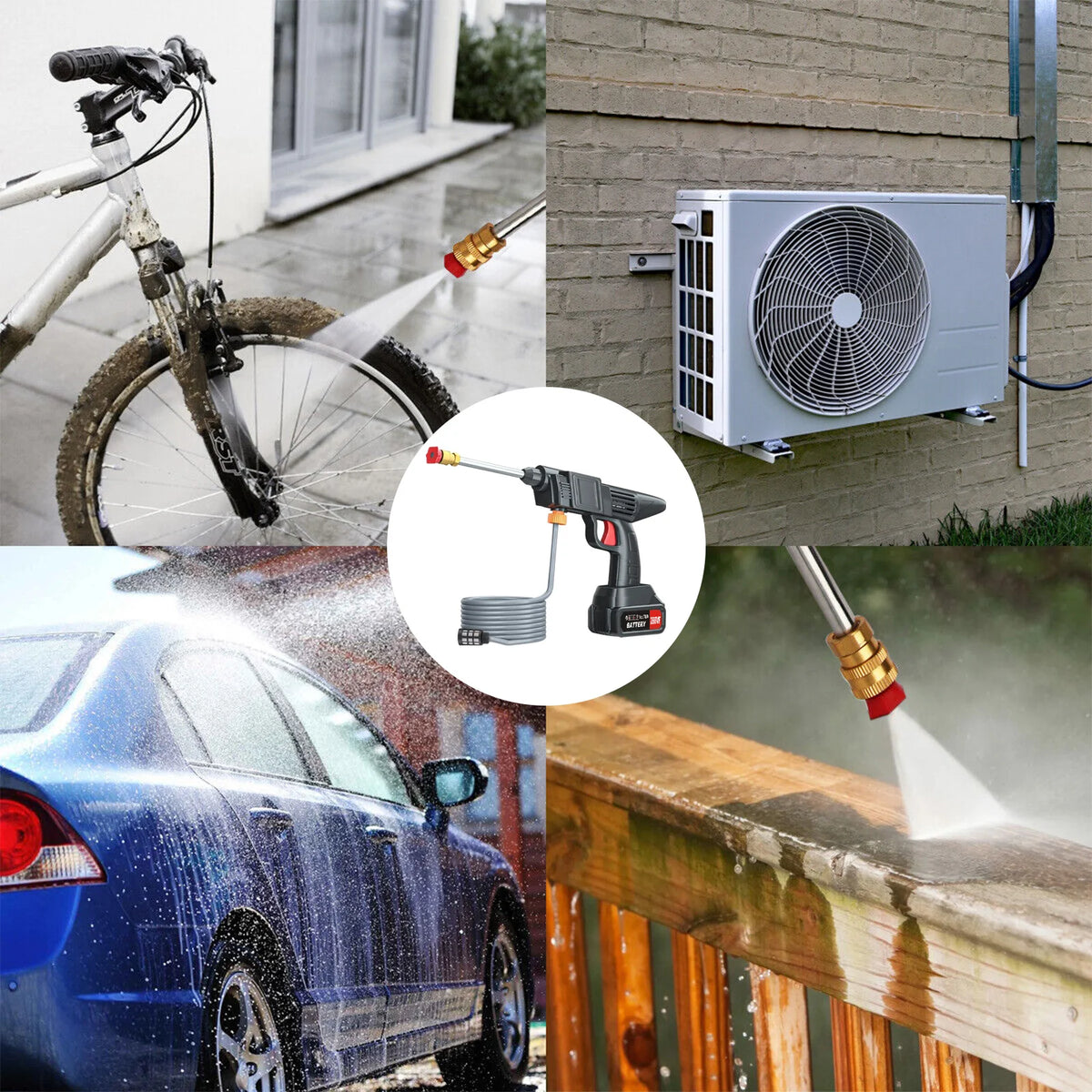 A collection of images showing a cordless electric pressure washer being used on a bicycle, a house exterior, and a car.