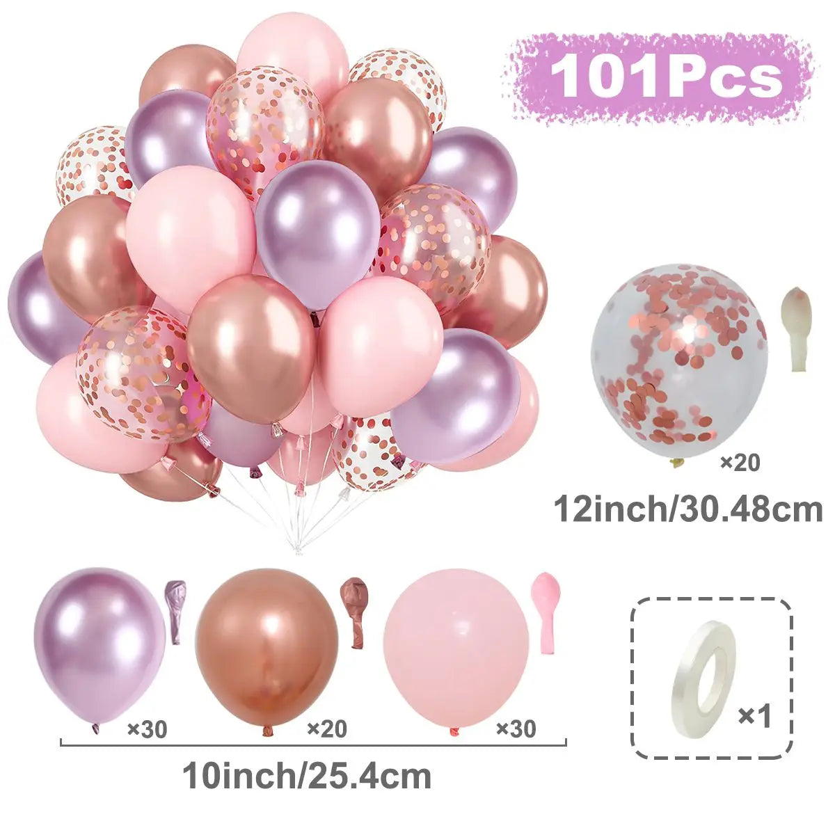 A kit of 101 metallic pink and purple balloons with confetti accents, including various sizes and a balloon ring.