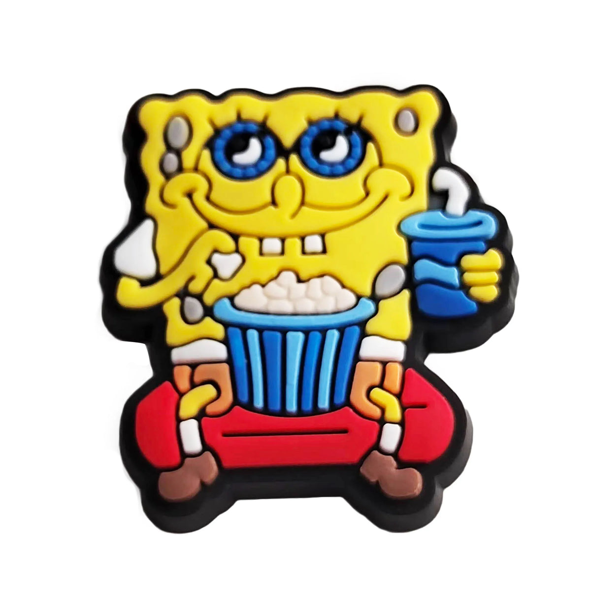 A yellow SpongeBob SquarePants character charm with a smiling face and holding a cup, set in a black square.