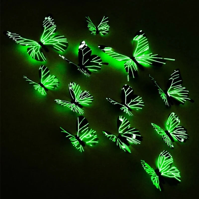 A set of twelve luminous green butterfly wall stickers displayed against a dark background.