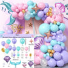 A colorful balloon party garland arch kit featuring pink, blue, and purple balloons with starfish and mermaid-themed accents.