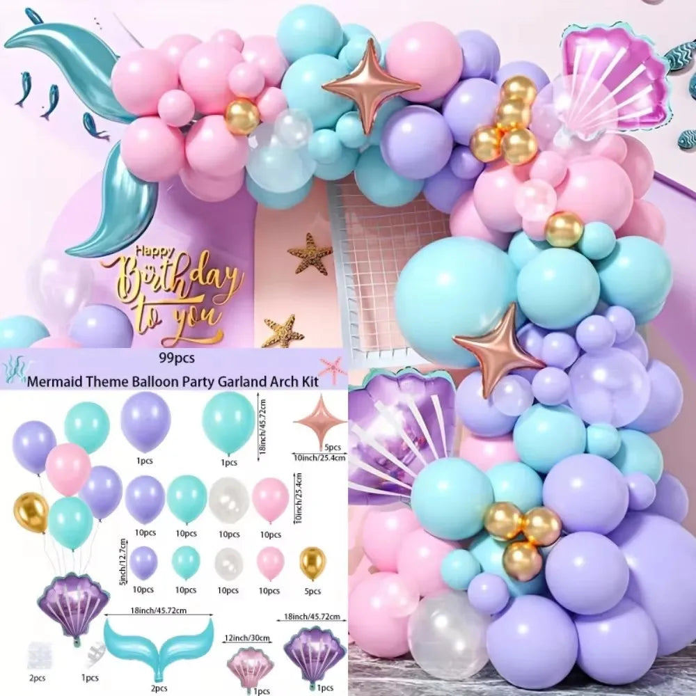 A colorful balloon party garland arch kit featuring pink, blue, and purple balloons with starfish and mermaid-themed accents.