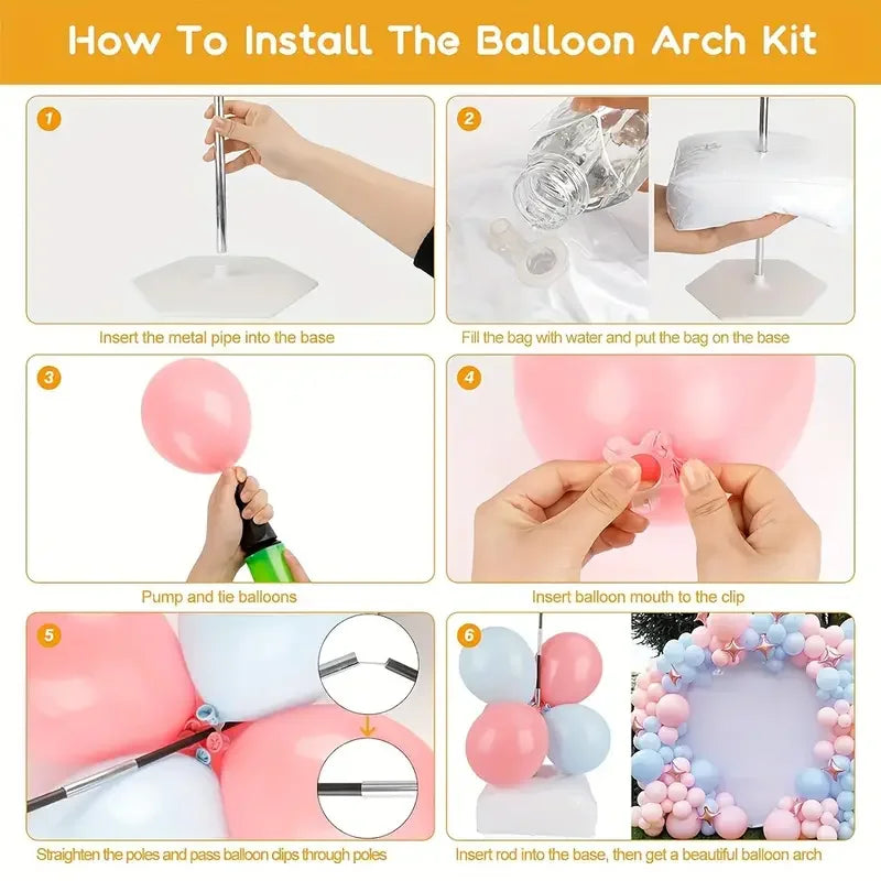 Instructions pour installer un kit d'arche de ballons, montrant comment insérer les tuyaux, remplir les sacs et attacher les 