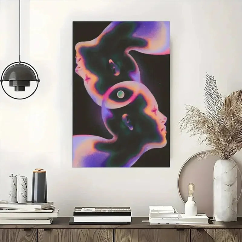 Abstract soul canvas wall art featuring a silhouette of a head with glowing purple and green light against a dark background
