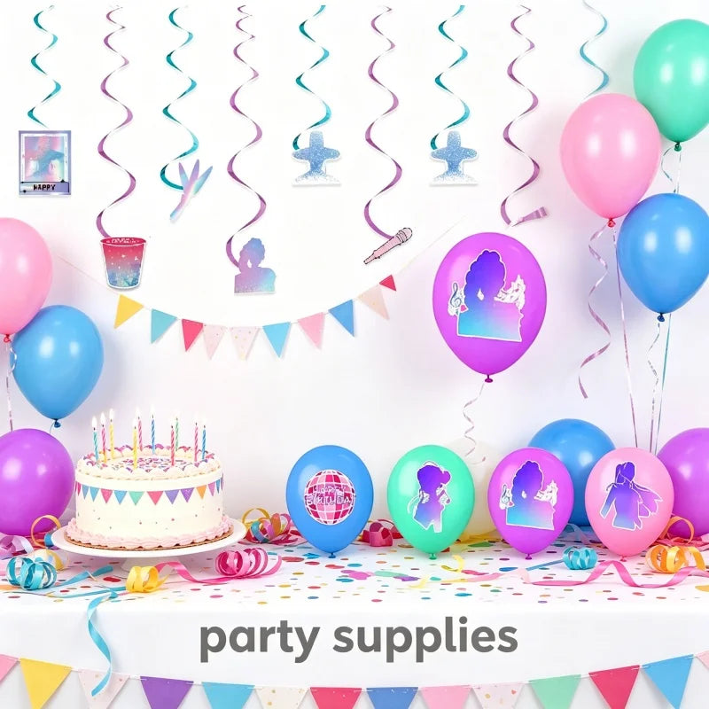 A collection of pink and purple K-Pop themed party supplies including balloons, streamers, and a cake on a white table.